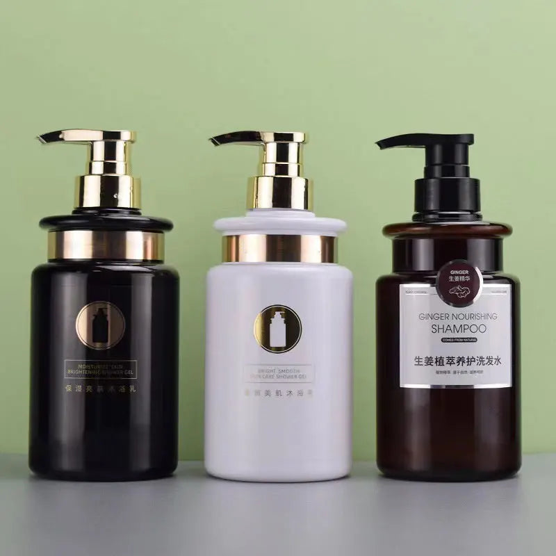 Stock 300ml 500ml Refillable PET Shampoo Bottle Container Gold Pump Shampoo and Conditioner Bottle Custom logo Plastic Packaging