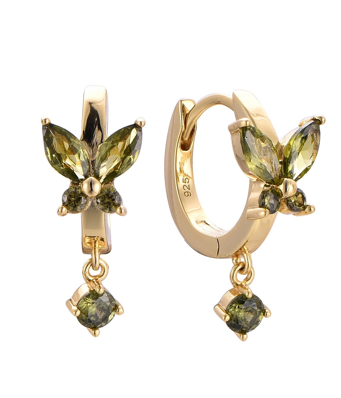 QX Custom OEM Women Yellow Green Zircon Fine Jewelry Luxury 925 Sterling Silver 18K Gold Plated Butterfly Huggie Hoop Earrings