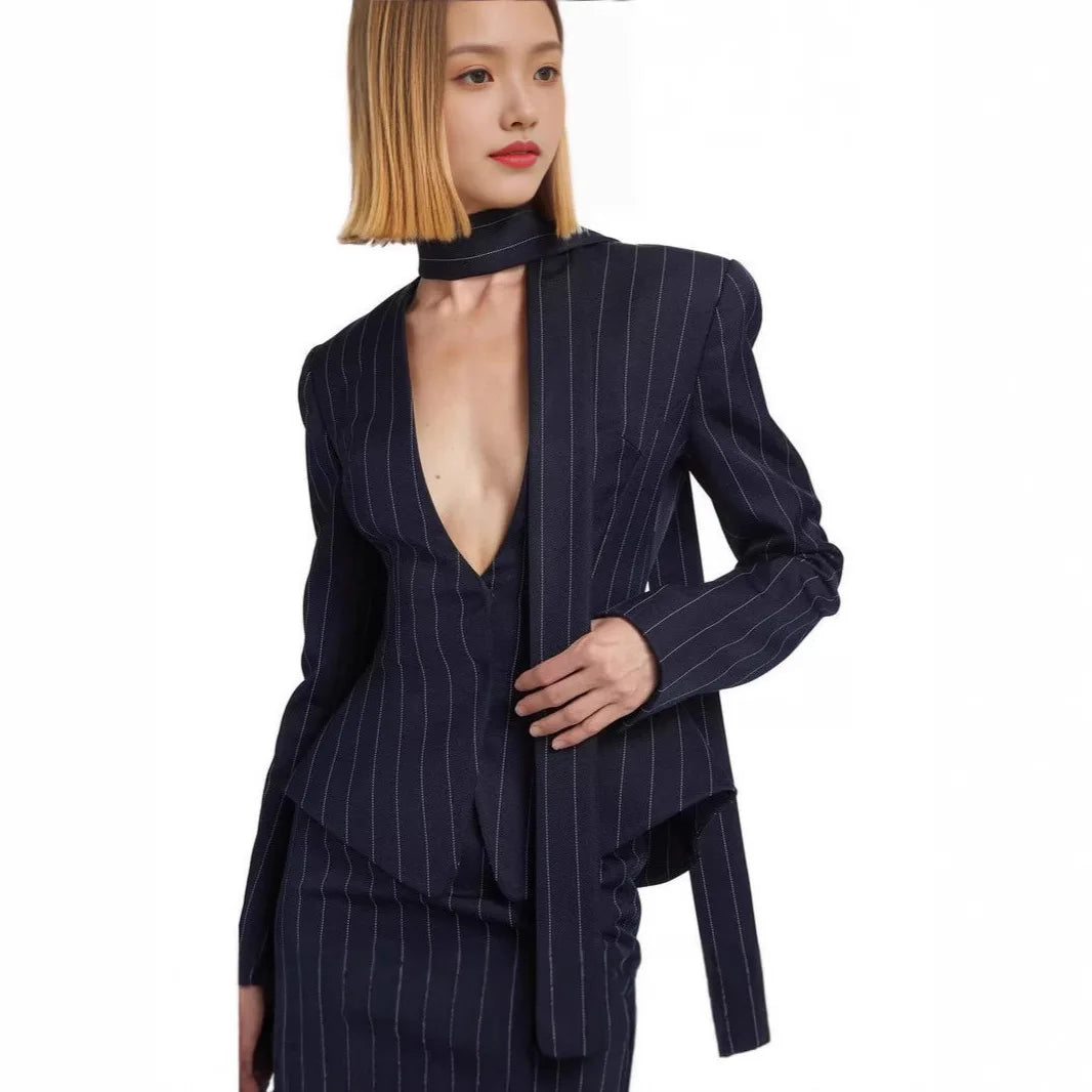 BH1450  Elegant Striped Niche Design Slim Waist V-Neck Blazer Jacket Skirt Set