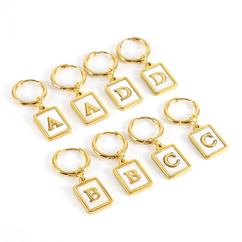Initial Letter Dangle Square Natural Shell Stud Earrings Waterproof Stainless Steel Hoop Fine Jewelry Initial Anniversaries