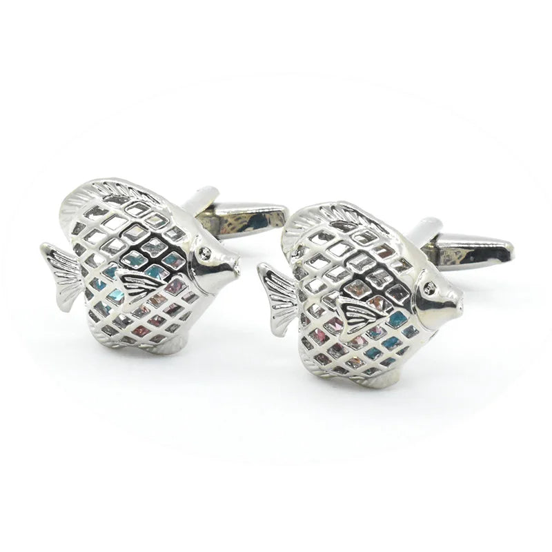 Wholesale Trendy Business Suit Wedding Tuxedo Novelty Custom Silver Fish Crystal Diamond Cufflinks Set Men Made Brass Gift