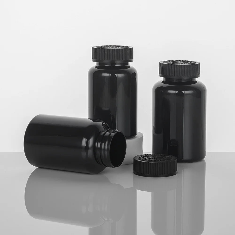 Wholesale 100ml 150ml 200ml Black PET Plastic Supplement Pill Medicine Capsules Bottles with Flip Cap