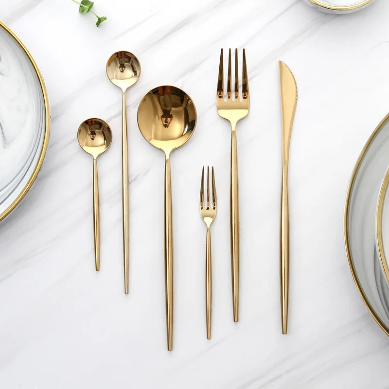 Custom Color Stainless Steel Tableware Set Thickened Portuguese Ins Style Handle High-End 4-Piece for Hotels and Parties
