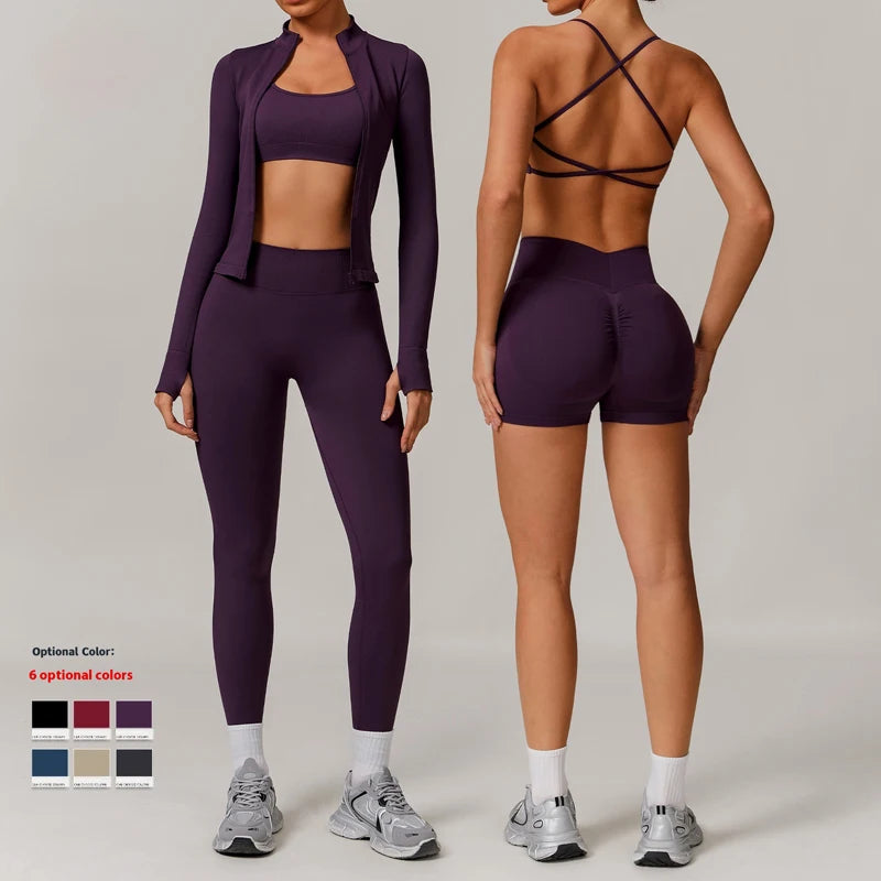 SHINBENE 2Piece Women Backless Fitness Gym Bra Seamless V Back High Waist Shorts Leggings Jacket Workout Sets