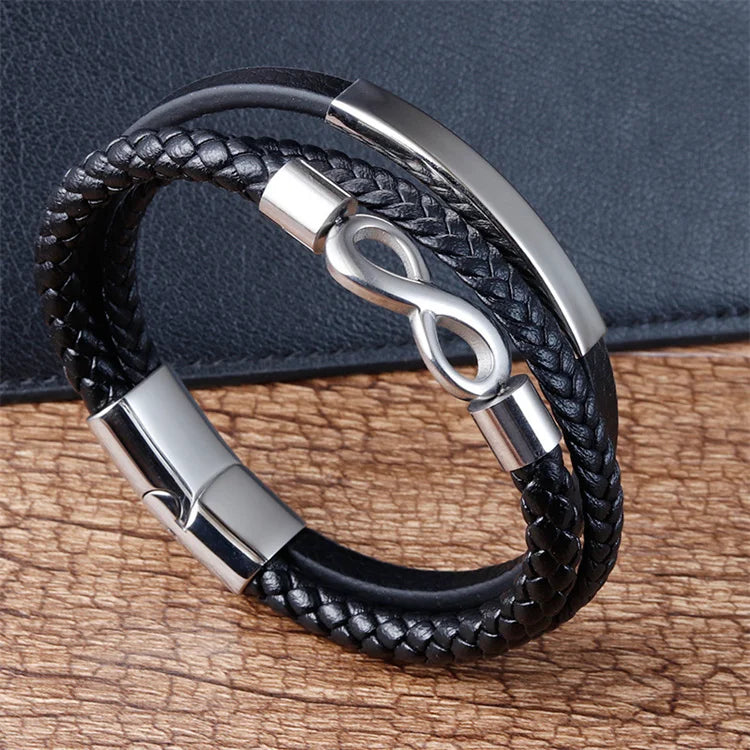 High Quality Stainless Steel Infinite Symbol Men's Bracelet Name Customized Three-Layer Leather Woven Leather Bracelet