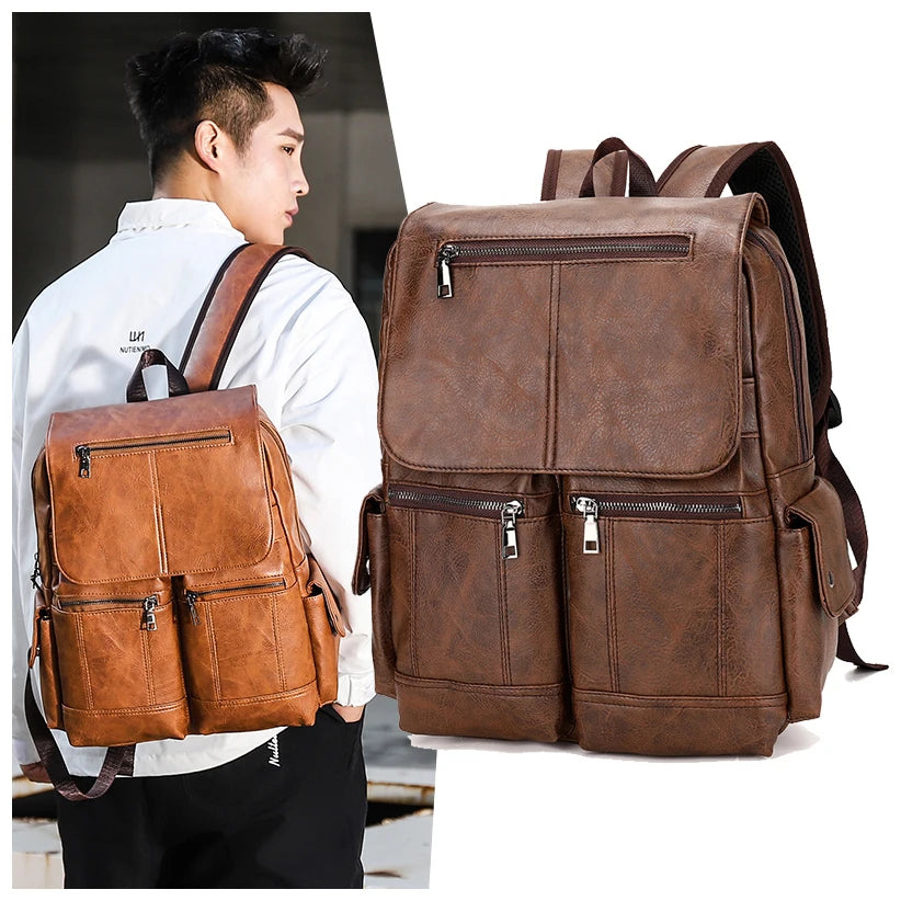 Men Brown Custom PU Leather Backpack Mochila De Cuero PU Personalizada Marron Para Hombre Outdoor Commute Men Business Backpack