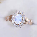 925 Sterling Silver Birthstone Women Rose Gold Prong Set Oval Cut Engagement Ring Rainbow Moonstone halo Ring