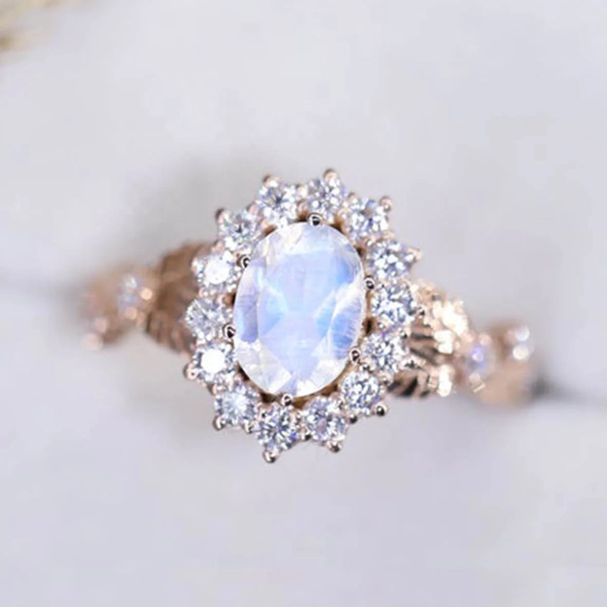 925 Sterling Silver Birthstone Women Rose Gold Prong Set Oval Cut Engagement Ring Rainbow Moonstone halo Ring