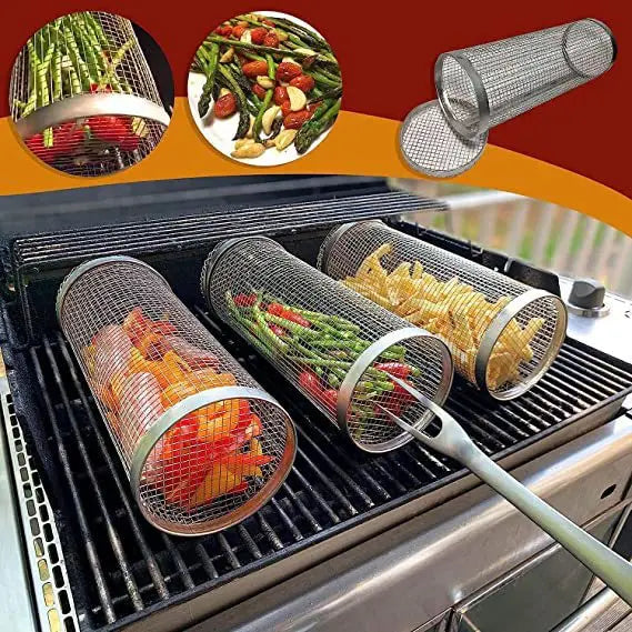 New Cylindrical Rotisserie Kabob Stainless Steel Bbq Accessories Barbecue Grill Baskets With Buckle