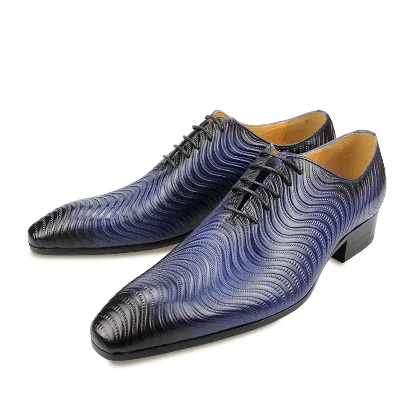 Men's Elegant Printed Luxury Cow Leather Walking Shoes Blue Black Pointed Toe Breathable Light Weight for Office Business