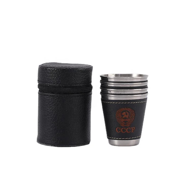 IRONDONKEY Portable Camping Water Cup Customized 1 PCS Set 30ml 70ml 180ml Outdoor Stainless Steel Shot Glass With Leather Bag