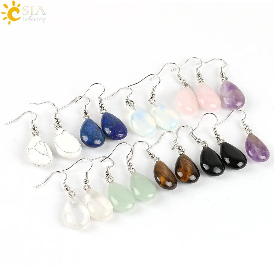 CSJA Wholesale Natural Stone Earrings Crystal Amethyst Teardrop Pendant Fashion Women Dangle Earring E106
