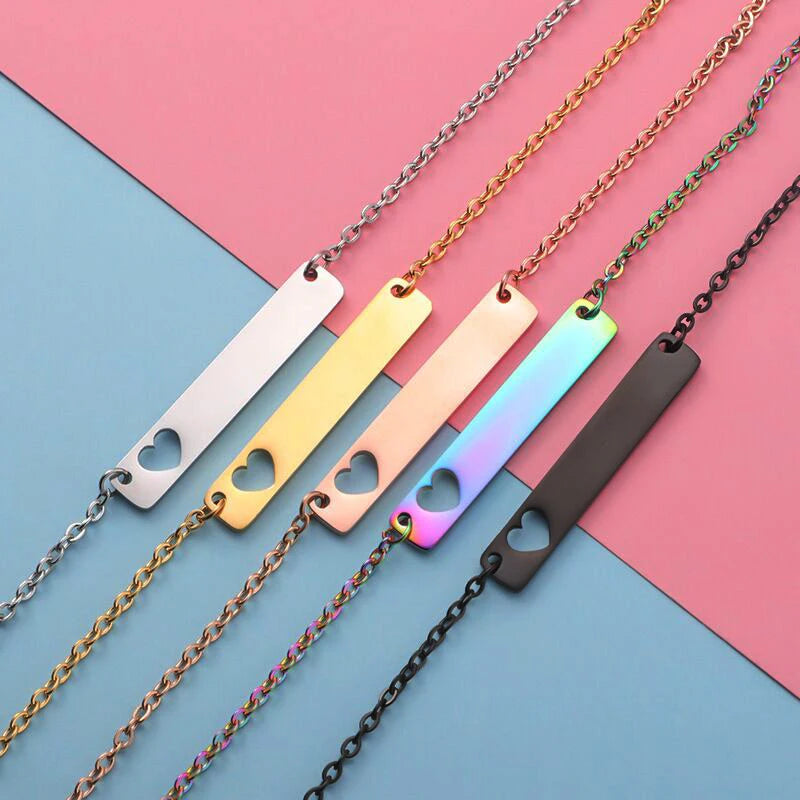 Fashion Stainless Steel 18k PVD Gold Plated Custom Made Logo Name Pendant Cut Out Hollow Heart Horizontal Bar Necklace for Women