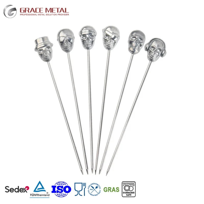 Custom Design Food-safe Test Metal Barware Dia De Muertos Skull Shape Cocktail Pick Garnish Skewer