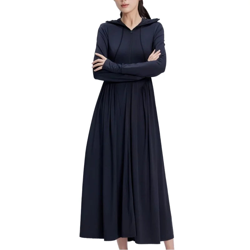 2025 New Ice Silk Long Dress Women's UV Protection Sunscreen Robe Washable Outdoor Woven Natural Waistline Summer Style