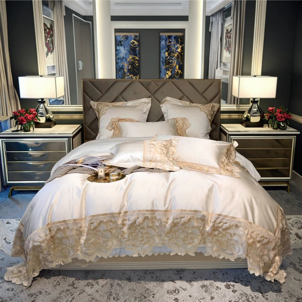 ODM/OEM Princess Lace Duvet Cover Soft Silk Cotton Bed Sheets White Bed Sheets Beige Home Textile Bedding Set