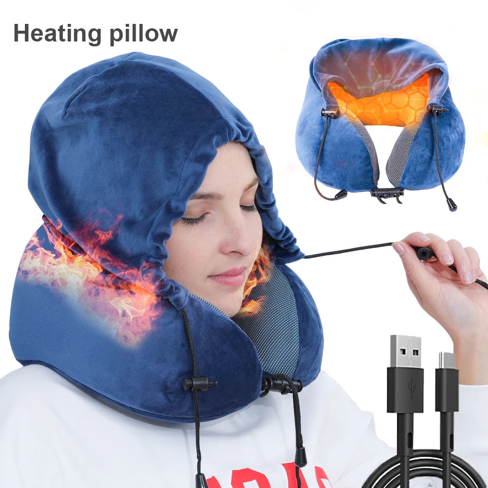 SAIEN NEW PRODUCT Fast Shipping Electric Heating Pillow Memory Foam Neck Travel Pillow with Hoodie Washable U Shaped Neck Pillow