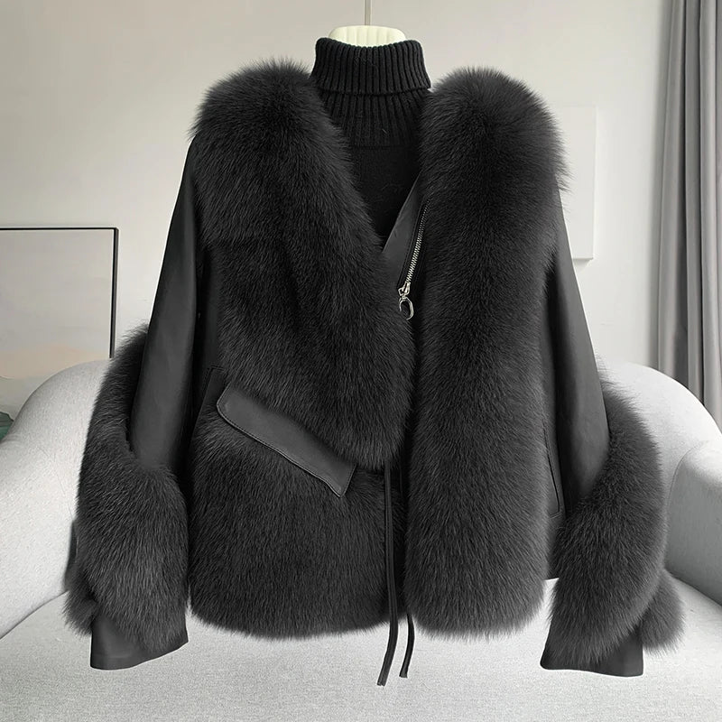 Latest Women Winter Fluffy Fox Fur Coats Thick Windproof Fur Leather Jackets With Belt Tassel