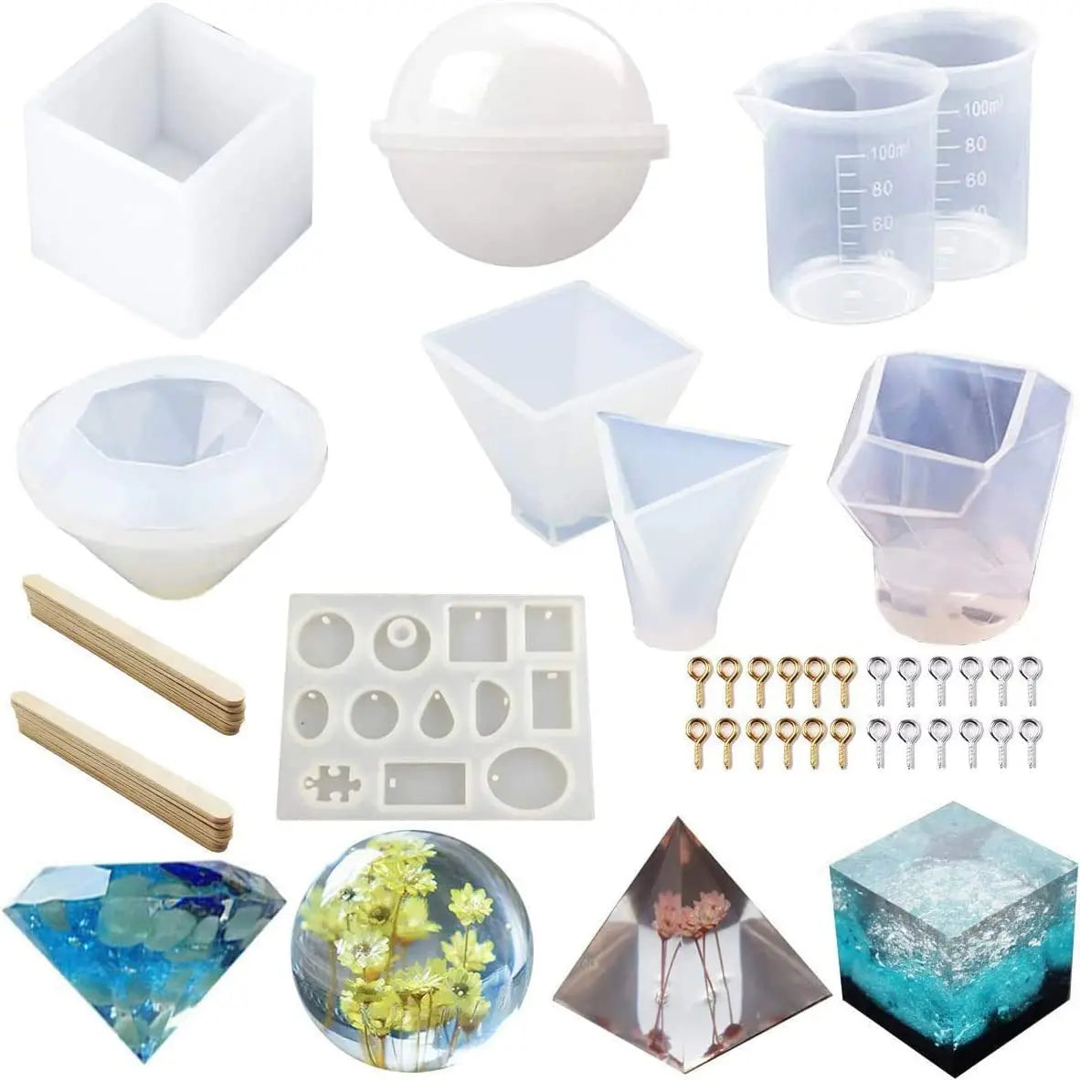 43Pcs Large Resin Casting Molds Kit Including Sphere Cube Pyramid Triangle with 2 Measuring Cups