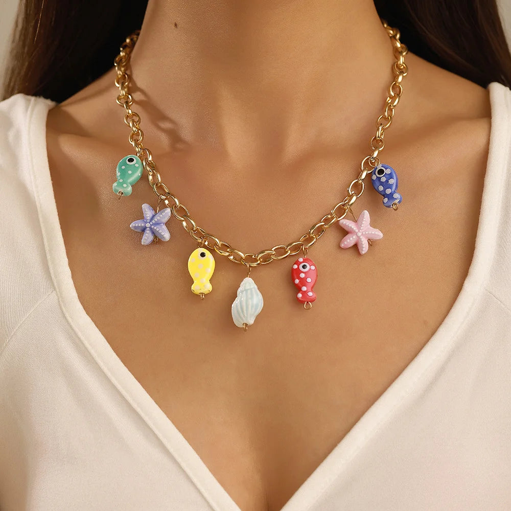 Women's Boho Ceramic Fish Conch Link Necklace Colorful Rope Bohemian Beach Jewelry for Summer Swimwear Fashion Pendant Necklaces