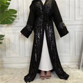 Sequins Pure Black Open Muslim Women Clothing Abaya Pakistan Front Open Kaftan Abaya Long Dress for Eid Mubarak