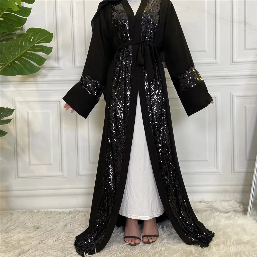 Sequins Pure Black Open Muslim Women Clothing Abaya Pakistan Front Open Kaftan Abaya Long Dress for Eid Mubarak