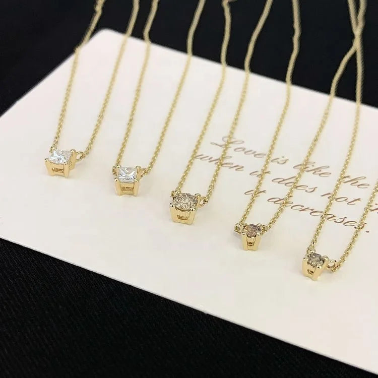 Small Diamond  0.1ct 0.15ct 0.2ct 0.3ct Round Princess 14K Yellow Gold  Chain Lab Diamond Pendant Floating Necklace for Women