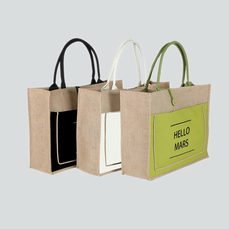 Wholesale Retro Style DIY Linen Gift Bag Laminated Jute Tote Bags with Long Rope Handle Waterproof Shopping Bag