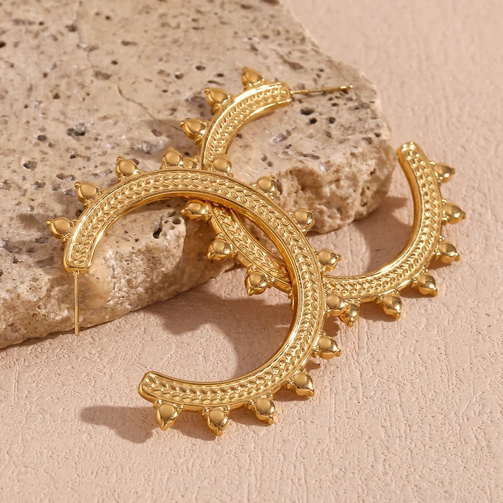 Dreamshow Bohemian Earrings Engraved Statement Jewelry Gold Plated Hoop Earrings Stainless Steel Engagement Jewelry