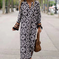 2024 New Women's Summer Print Retro Casual V-neck Long Sleeved Dress