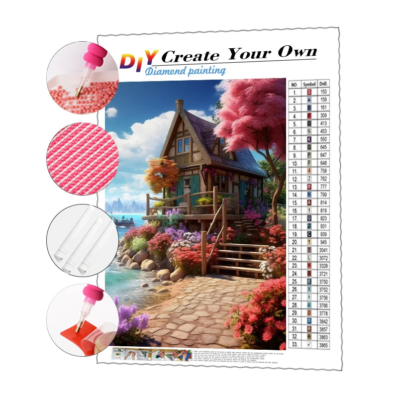5d Diy Diamond Painting Scenery Small House by the Sea Mosaic Rhinestone Full Drill Round Square Diamond Painting Set Home Decor