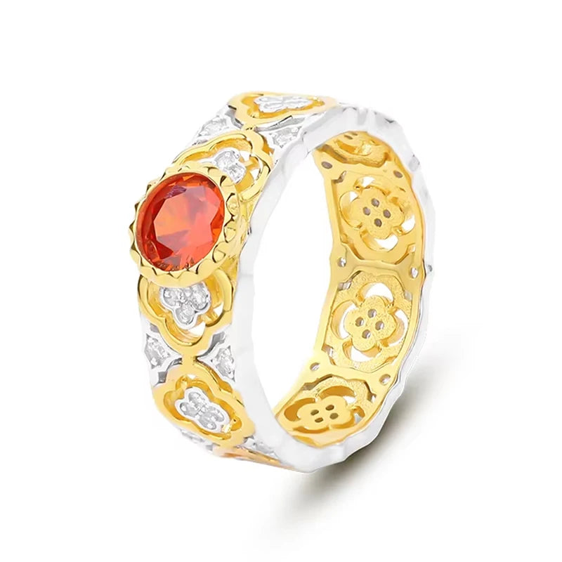 Customized Fine Jewelry 925 Sterling Silver 18k Gold Plated Two Tone Color Hollow Out Chunky Red Stone Diamond Rings Women