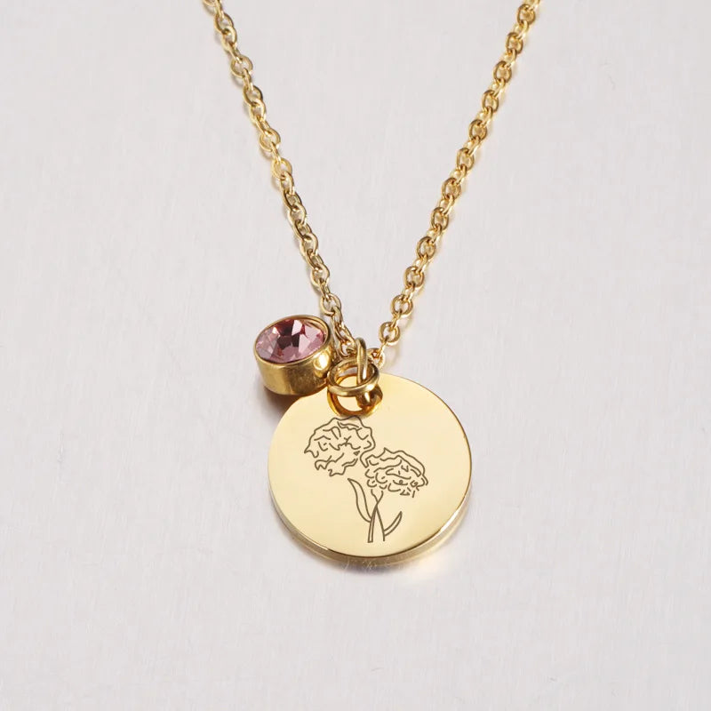 2021 New Designs Stainless Steel Birthday Necklace Custom Flower With 12 Birthstone Disk Pendant Necklaces