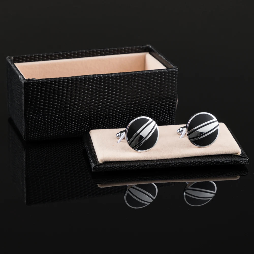 Fashion Elegant Vintage Round Metal Black Enamel Stripes Men Cufflinks
