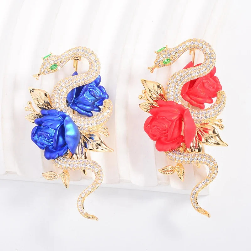 Sophisticated Creative Breastpin Chinese Stylish Luxury Enamel Rose Flower Lapel Pin Trend Ladies Fashion Elegant Snake Brooches