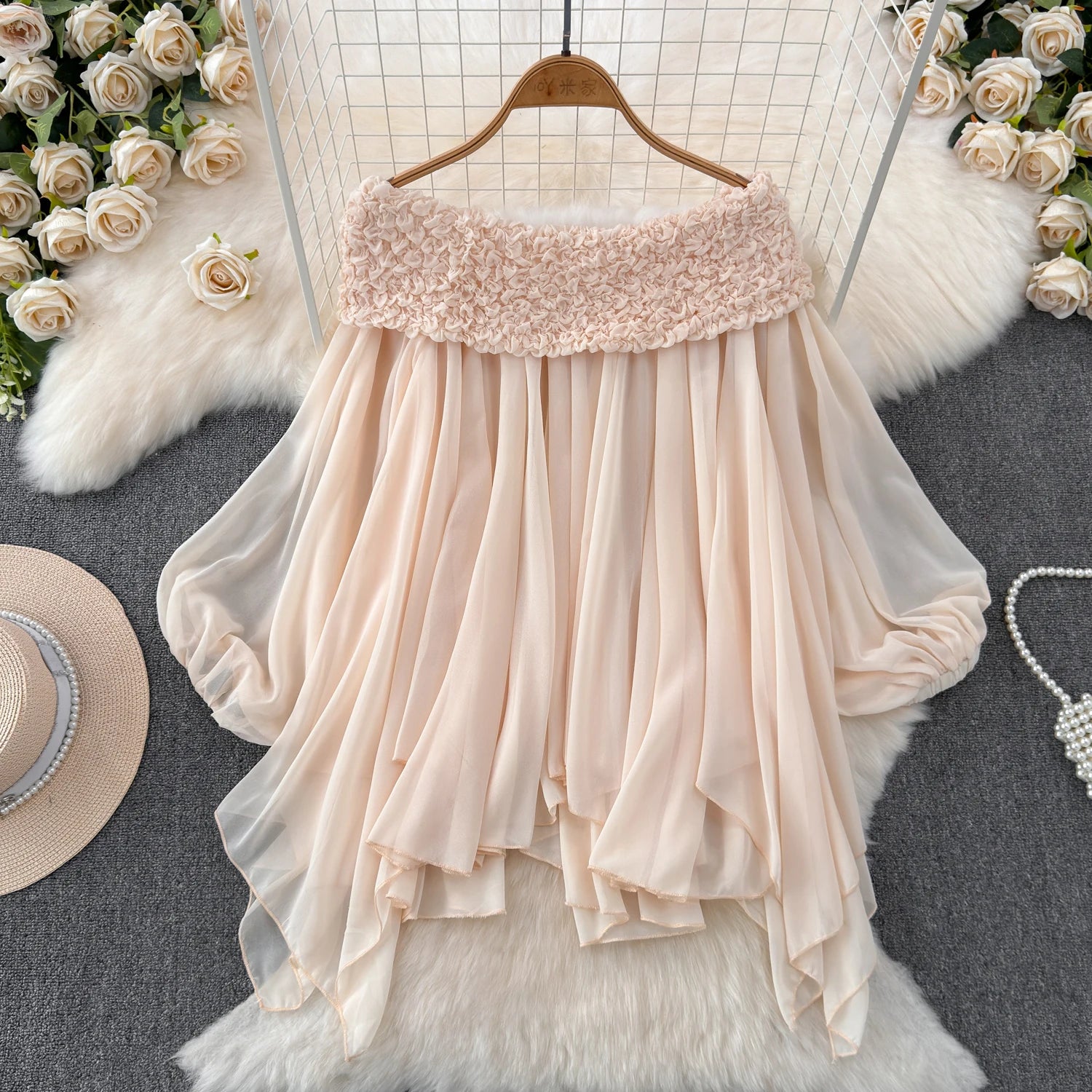 Wholesale 2026 Summer New Sweet Pleated Off Shoulder French Bubble Sleeves Irregular Chiffon Women's Shirt