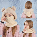 Cartoon Bear Mask Scarf Integrated Winter Hat Kids' Fleece-Lined Warm Knitted Beanie for Outdoor Travel