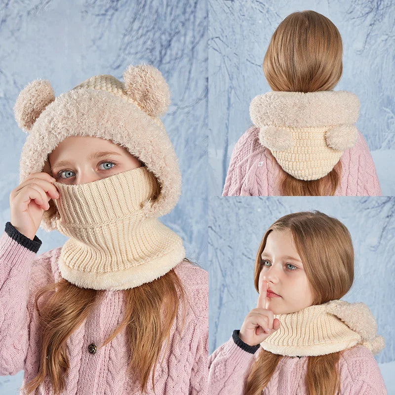 Cartoon Bear Mask Scarf Integrated Winter Hat Kids' Fleece-Lined Warm Knitted Beanie for Outdoor Travel