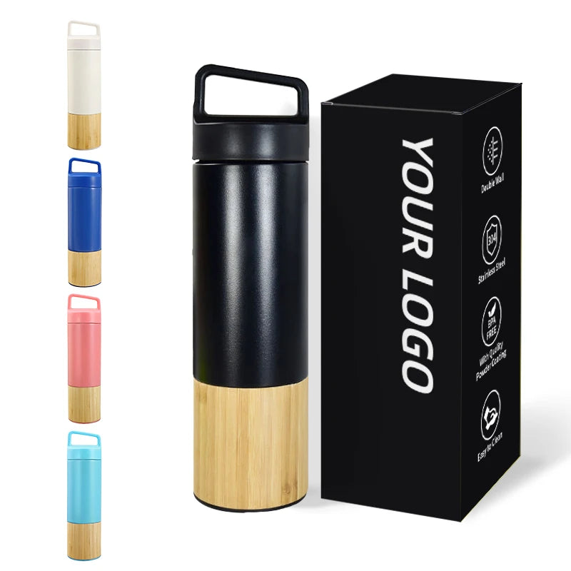 Custom Bamboo Shell Sport Vacuum Flask With Handle Stainless Steel Insulated Thermo Bottle