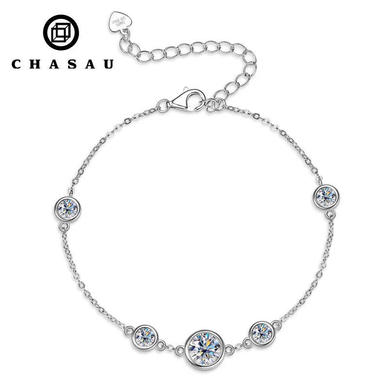 Hot Sell Trendy 925 Sterling Silver Round Cut 6.5mm&4mm White Moissanite with Adjustable Chain Bracelet for Women