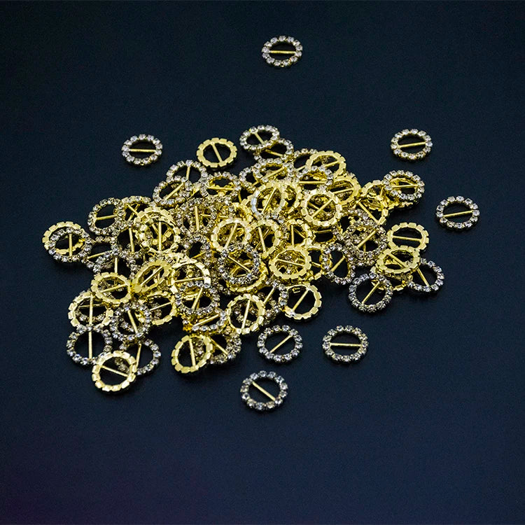 Factory Price Round Golden Crystal Rhinestone Buckle Clip Invitation Ribbon Slider 10mm Round Buckle With Rhinestone