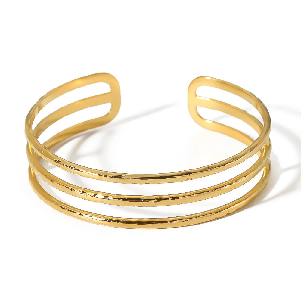Minimalist Stainless Steel 18K Gold Plated Simple Three Lines Hollow Out Opening Bangle Bracelet Jewelry Gift
