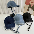 Washed Denim Baseball Cap With Windproof Rope for Women Man Casual Sun Caps