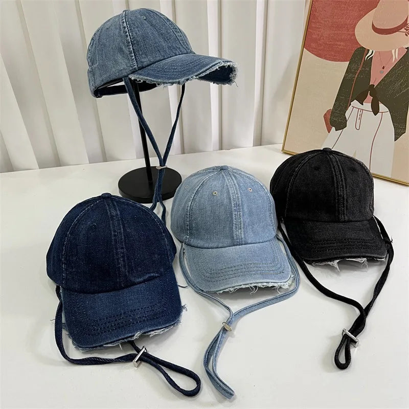 Washed Denim Baseball Cap With Windproof Rope for Women Man Casual Sun Caps