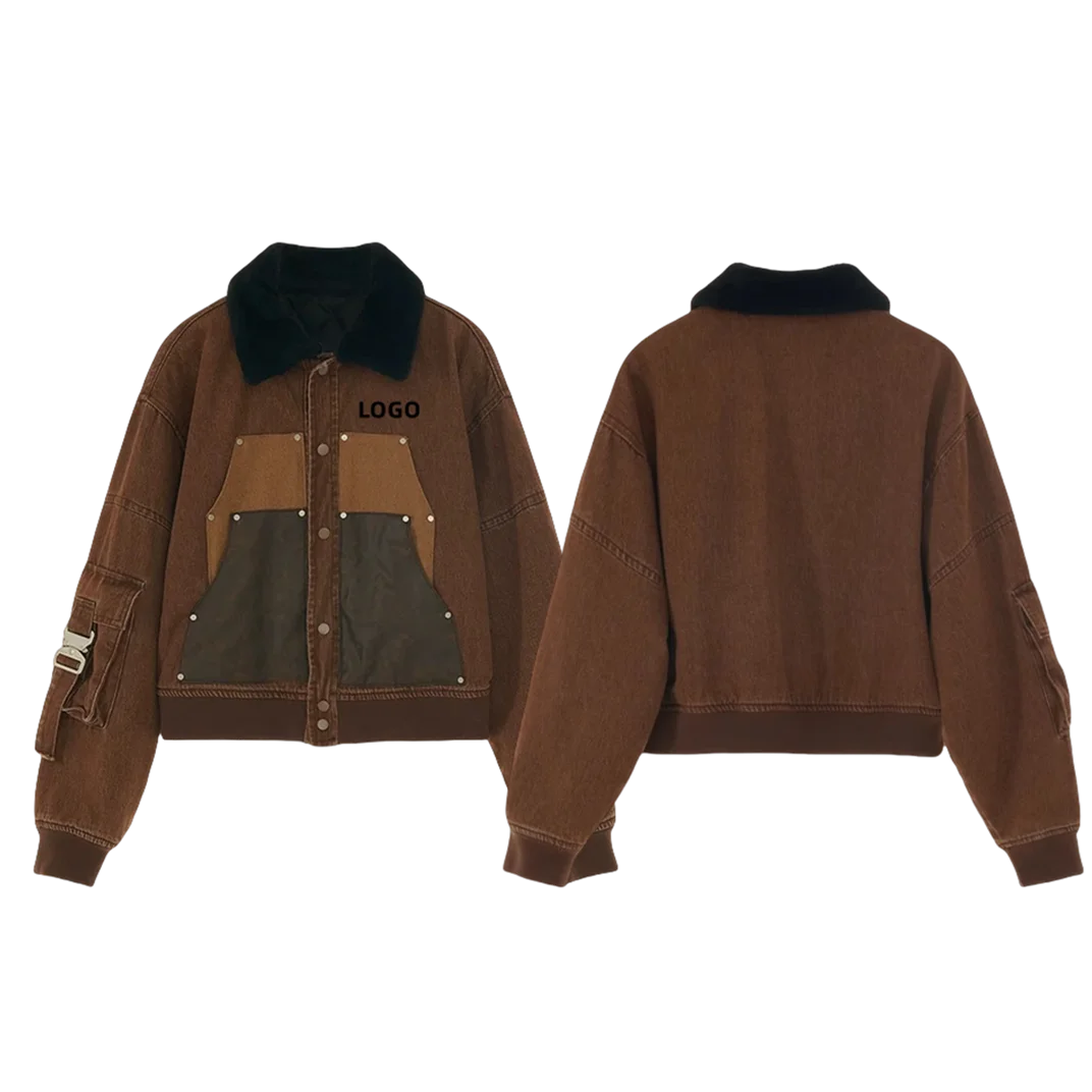 Custom  Antique Retro Button up Denim Jacket Oversized Windbreaker Embroidery Quilted Down Duck Fabric Cargo Pocket Jacket