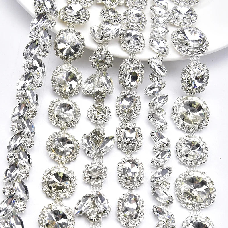 Fancy Bling Glass Rhinestone Crystal Chain Sewing Applique Trimming for Wedding Cake Dress Belt Decoration Garment Accessories
