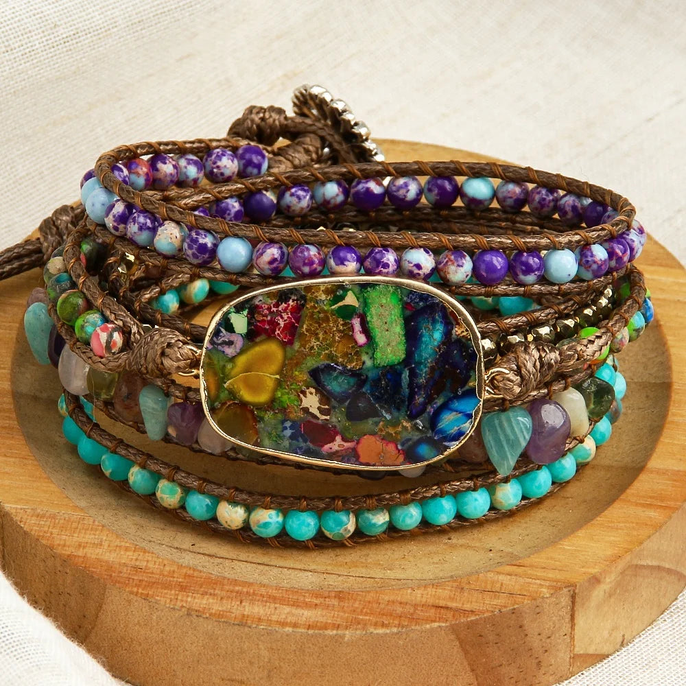Women Customs Jewelry Designer Boho Bracelet Handmade Imperial Jasper Turquoise Natural Gemstone 5 Strands Wrap Bracelets