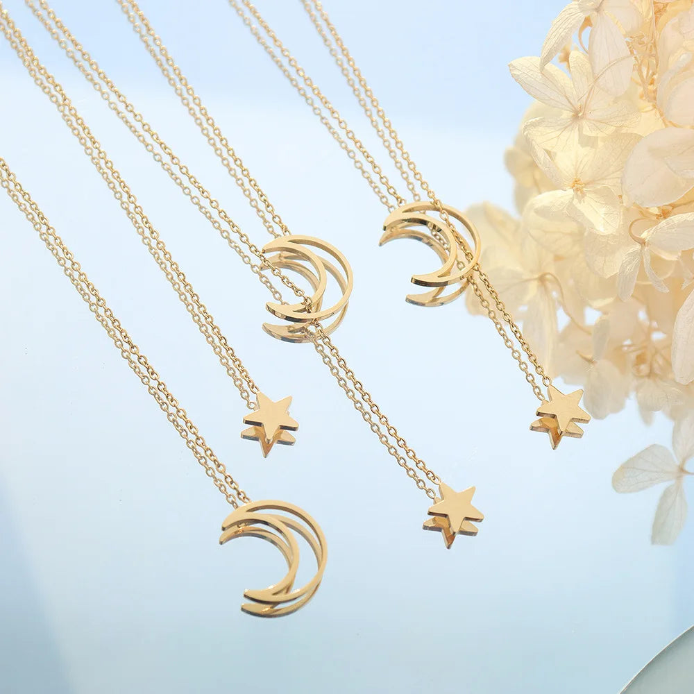 New Style 18k Gold Plated Thin Chain Stainless Steel Moon and Star Charm Necklace for Wedding Party Romantic Occasions