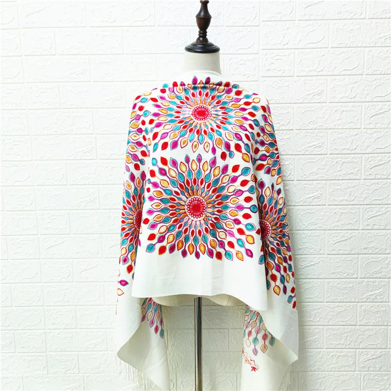 MIO Wholesale Women Winter Warm Blanket Scarves Ethnic Style Long Tassels Pashmina Scarf Floral Embroidery Cashmere Shawl Wraps