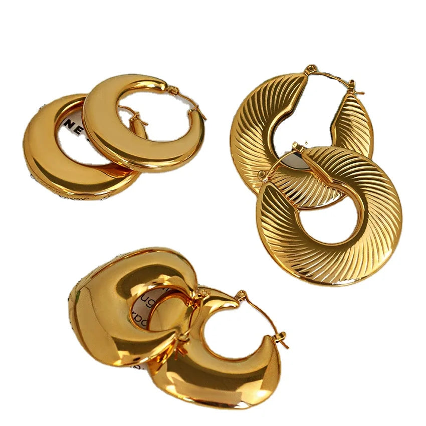 Minos Fashion Earrings Stainless Steel 18k Gold Plated Bold Chunky Bold Heart Hoop Earrings Three Styles Hollow Earrings